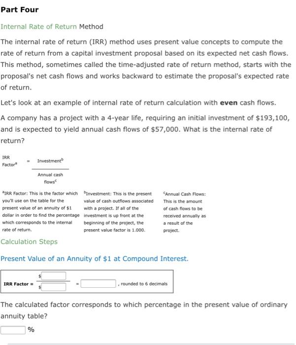 Part Four Internal Rate of Return Method The internal rate of return