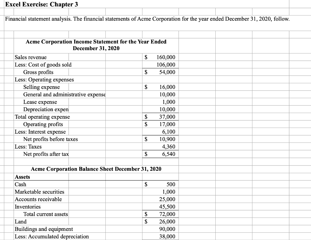Excel Exercise: Chapter 3 Financial statement analysis. The financial statements of Acme
