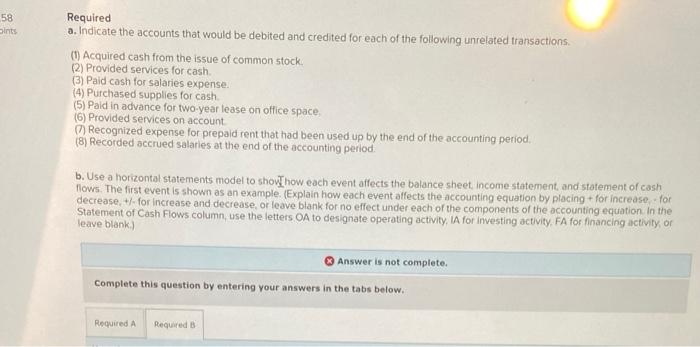58 Sints Required a. Indicate the accounts that would be debited and