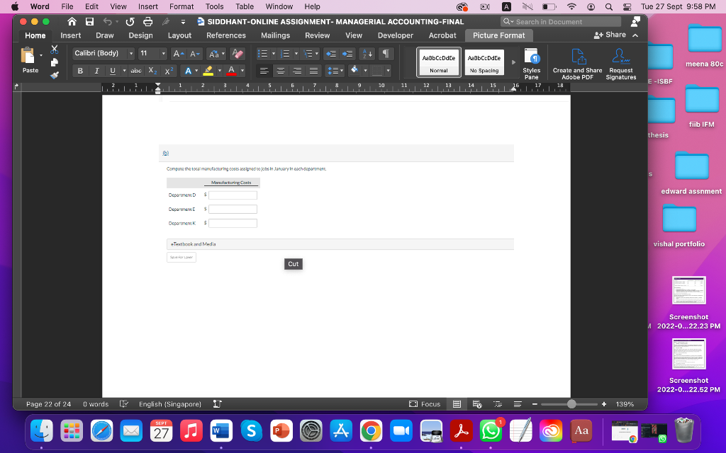 Tue 27 Sept 9:58 PM = SIDDHANT-ONLINE ASSIGNMENT-MANAGERIAL ACCOUNTING-FINAL Q Search in