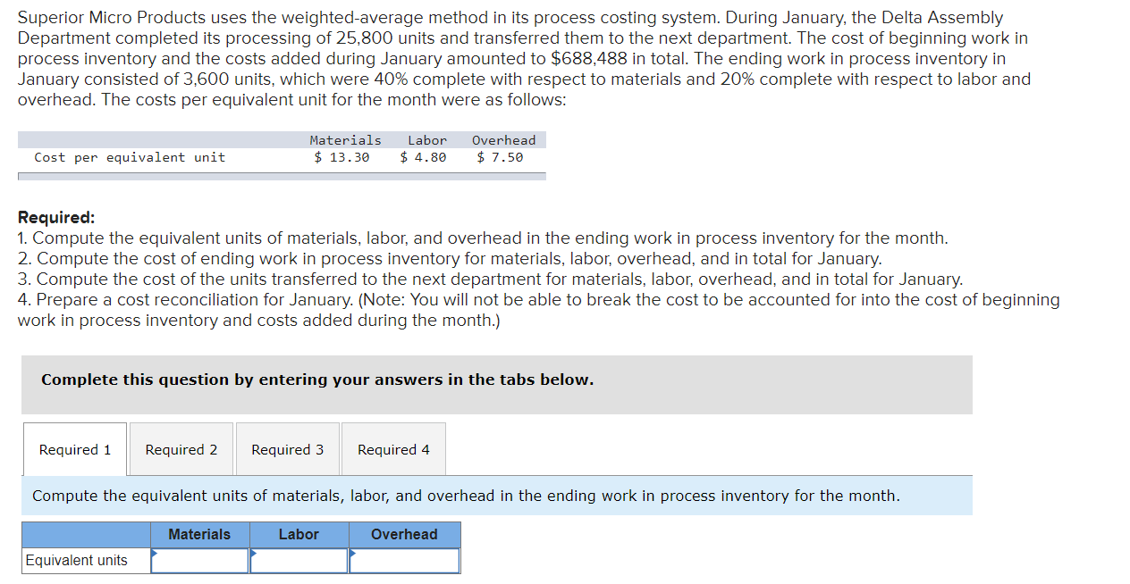 Superior Micro Products uses the weighted-average method in its process costing system.