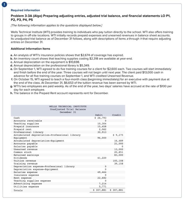 Required information Problem 3-3A (Algo) Preparing adjusting entries, adjusted trial balance, and
