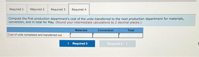 for May for the first production department follow: Work in process inventory,