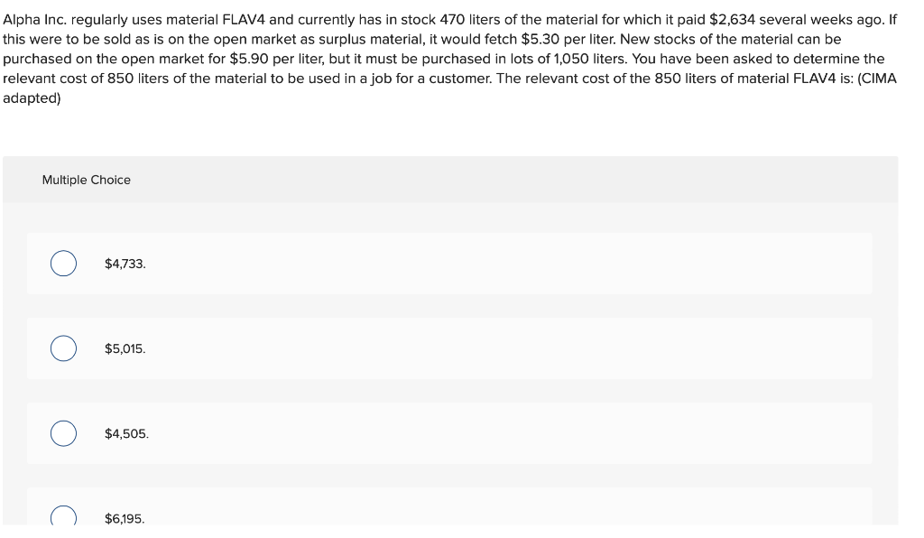 Alpha Inc. regularly uses material FLAV4 and currently has in stock 470