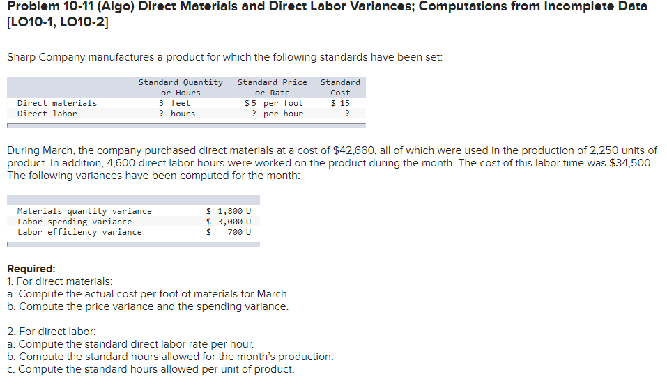 Problem 10-11 (Algo) Direct Materials and Direct Labor Variances; Computations from Incomplete