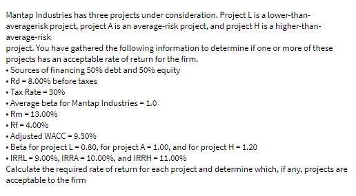 Mantap Industries has three projects under consideration. Project L is a lower-than-