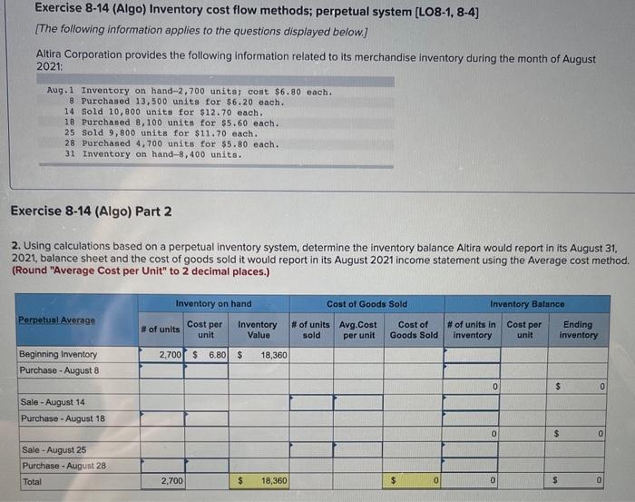 Exercise 8-14 (Algo) Inventory cost flow methods; perpetual system [LO8-1, 8-4] [The