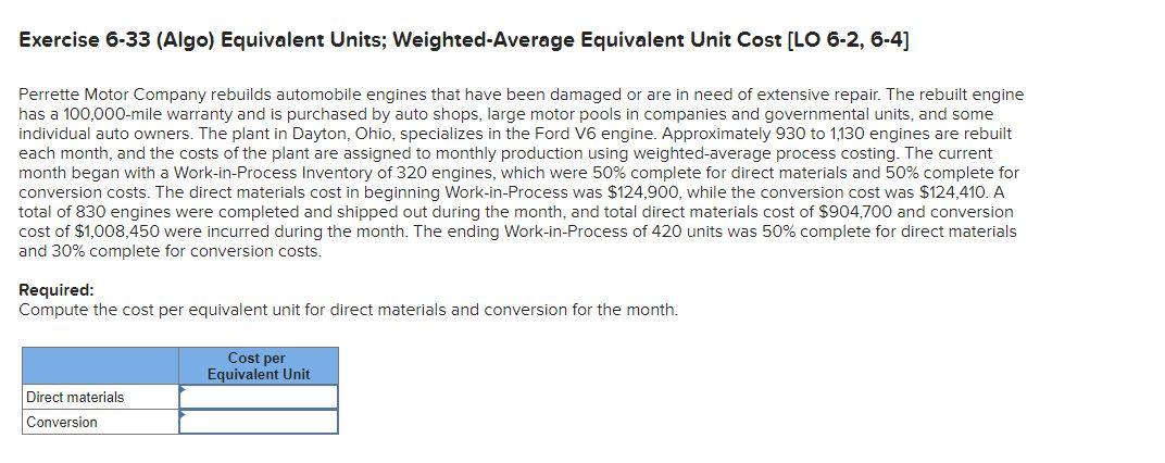 Exercise 6-33 (Algo) Equivalent Units; Weighted-Average Equivalent Unit Cost [LO 6-2, 6-4]
