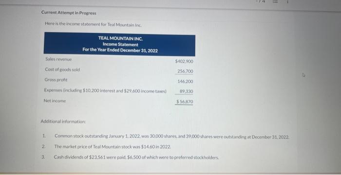 Current Attempt in Progress Here is the income statement for Teal Mountain