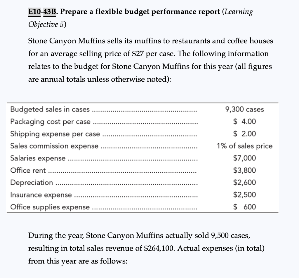 E10-43B. Prepare a flexible budget performance report (Learning Objective 5) Stone Canyon