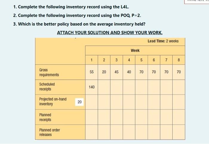 1. Complete the following inventory record using the L4L. 2. Complete the