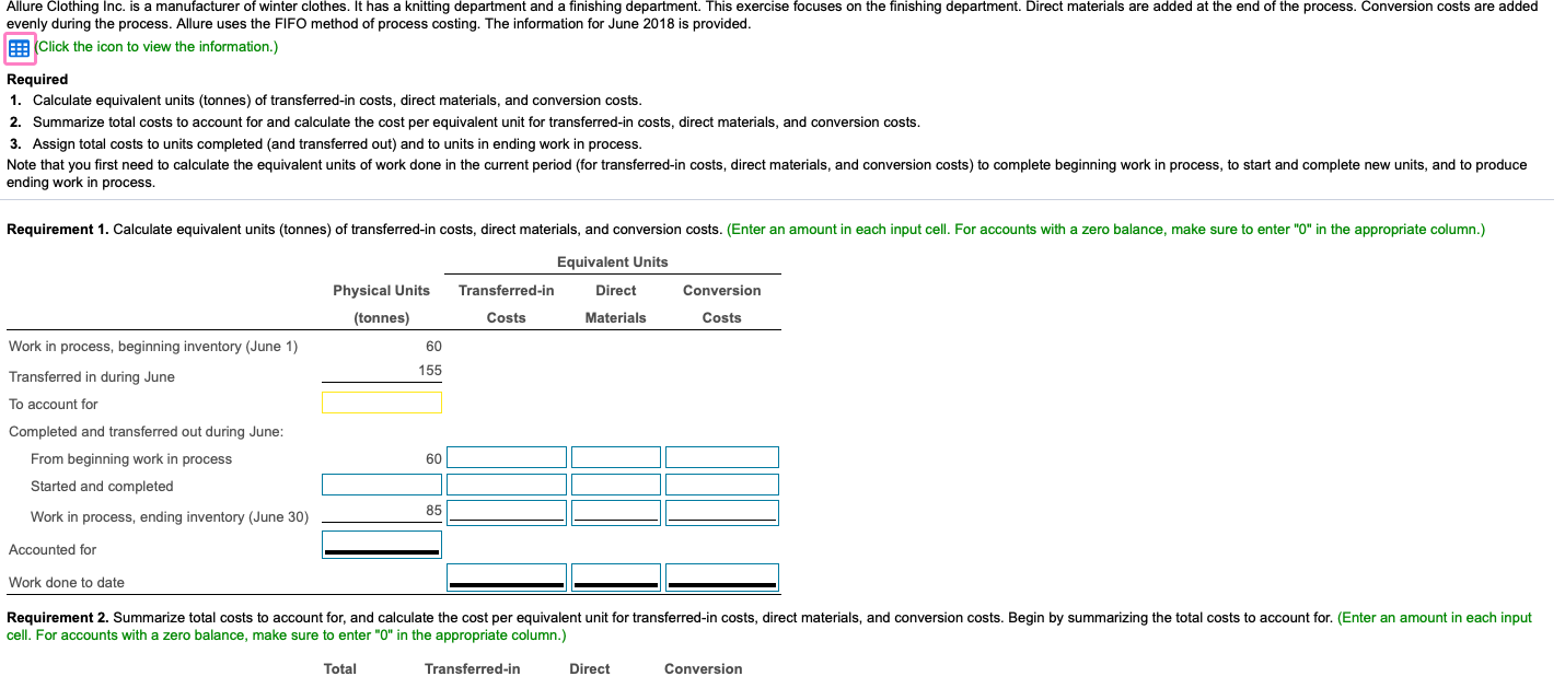 completion, beginning work in process Transferred in during June Completed and transferred