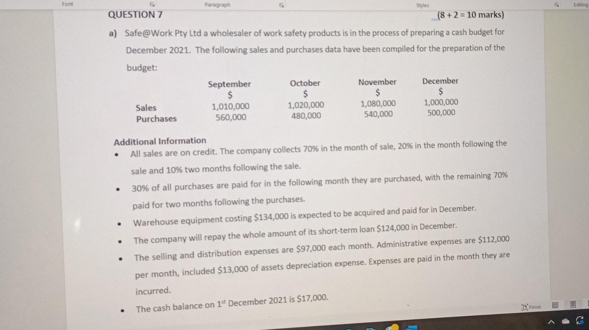 Font Paragraph E Styles QUESTION 7 (8+2=10 marks) a) Safe@Work Pty Ltd