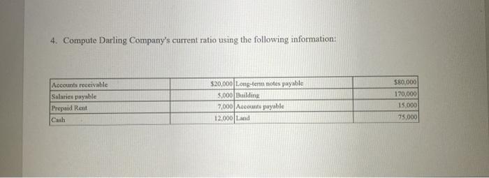 4. Compute Darling Company's current ratio using the following information: Accounts receivable