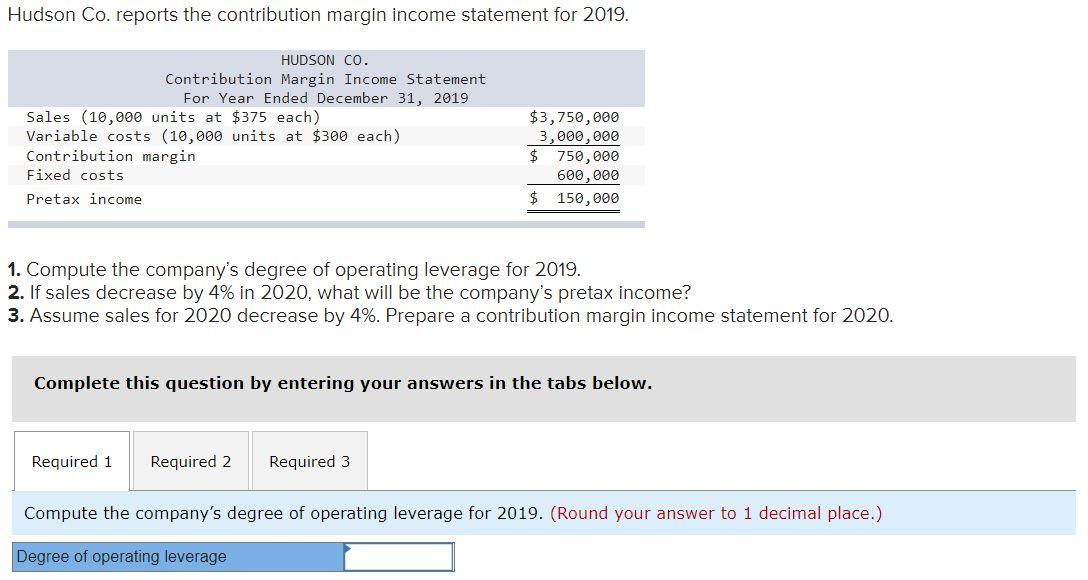 Hudson Co. reports the contribution margin income statement for 2019. HUDSON CO.