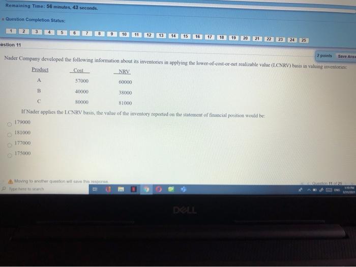 Remaining Time: 56 minutes, 43 seconds. Question Completion Status: 1 2 3