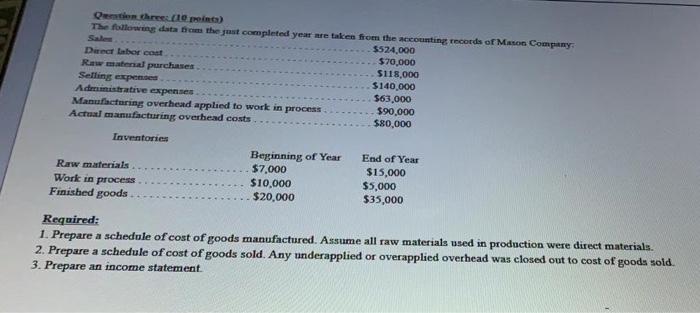 Question three: (10 points) The following data from the just completed year