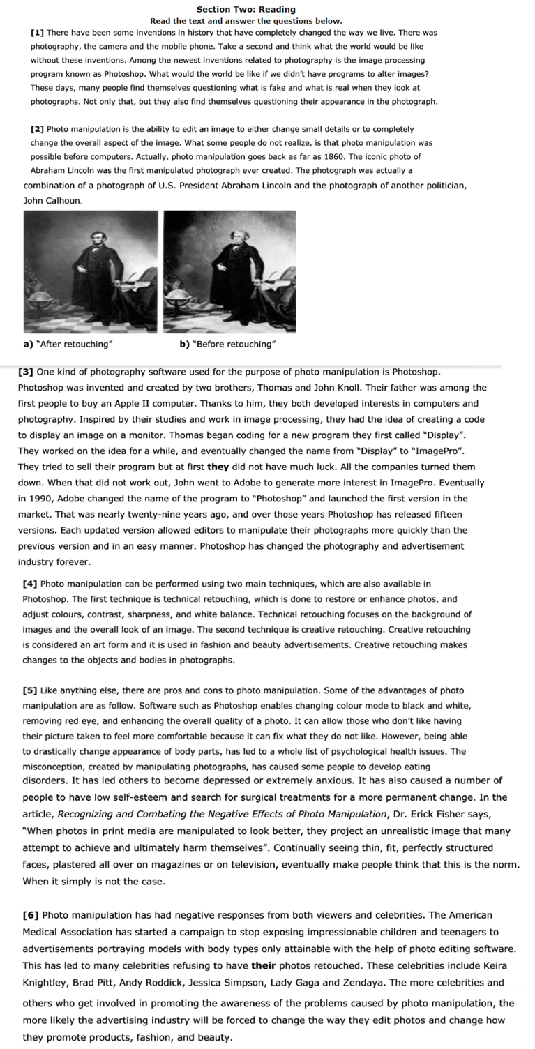 Section Two: Reading Read the text and answer the questions below. [1]
