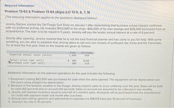 Required information Problem 13-63 & Problem 13-64 (Algo) (LO 13-5, 6, 7,