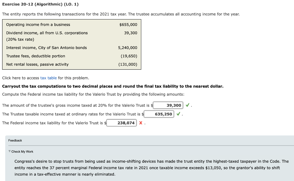 Exercise 20-12 (Algorithmic) (LO. 1) The entity reports the following transactions for