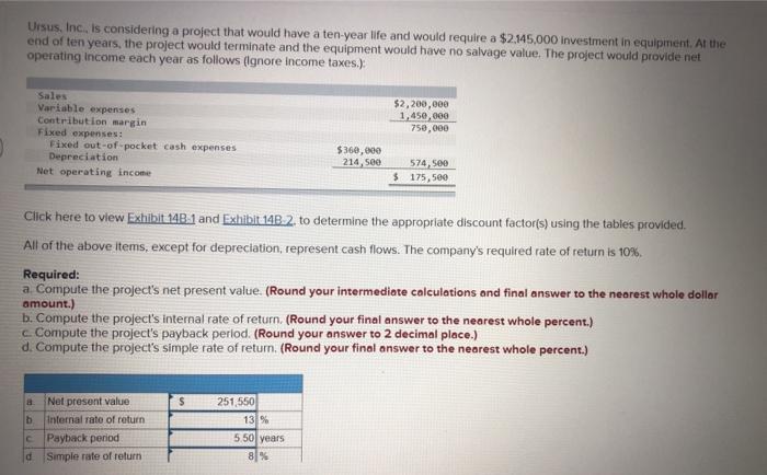 Ursus, Inc., is considering a project that would have a ten-year life