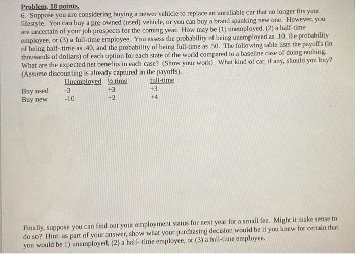 Problem, 18 points. 6. Suppose you are considering buying a newer vehicle