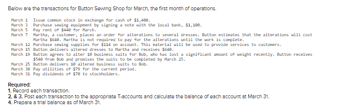 Below are the transactions for Button Sewing Shop for March, the first