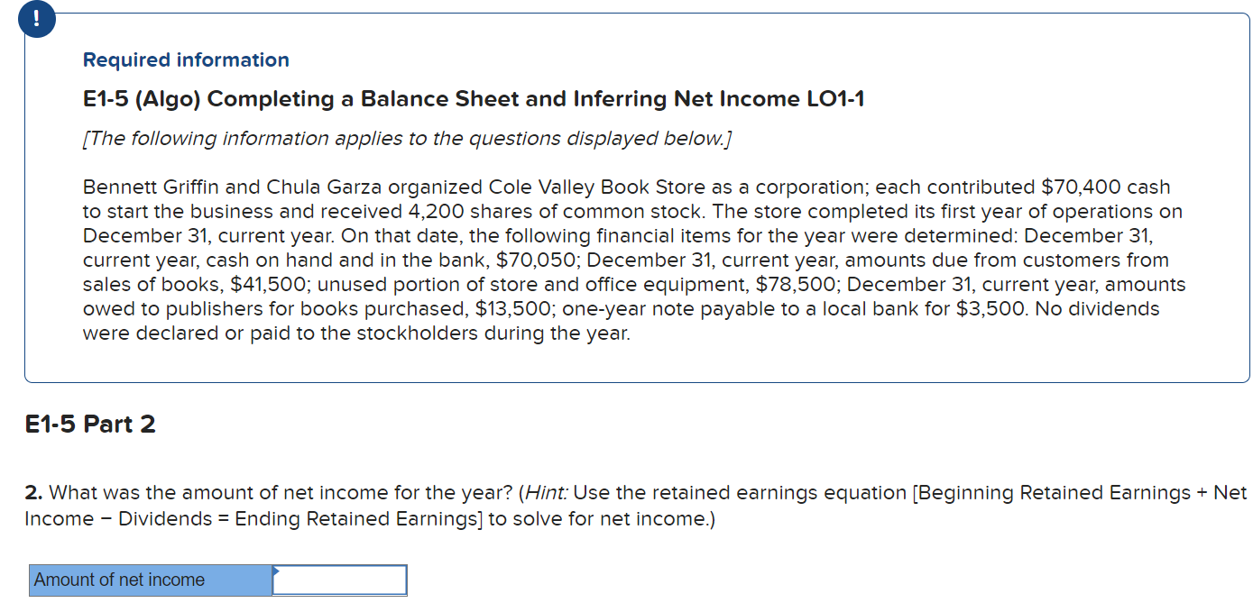 ! Required information E1-5 (Algo) Completing a Balance Sheet and Inferring Net
