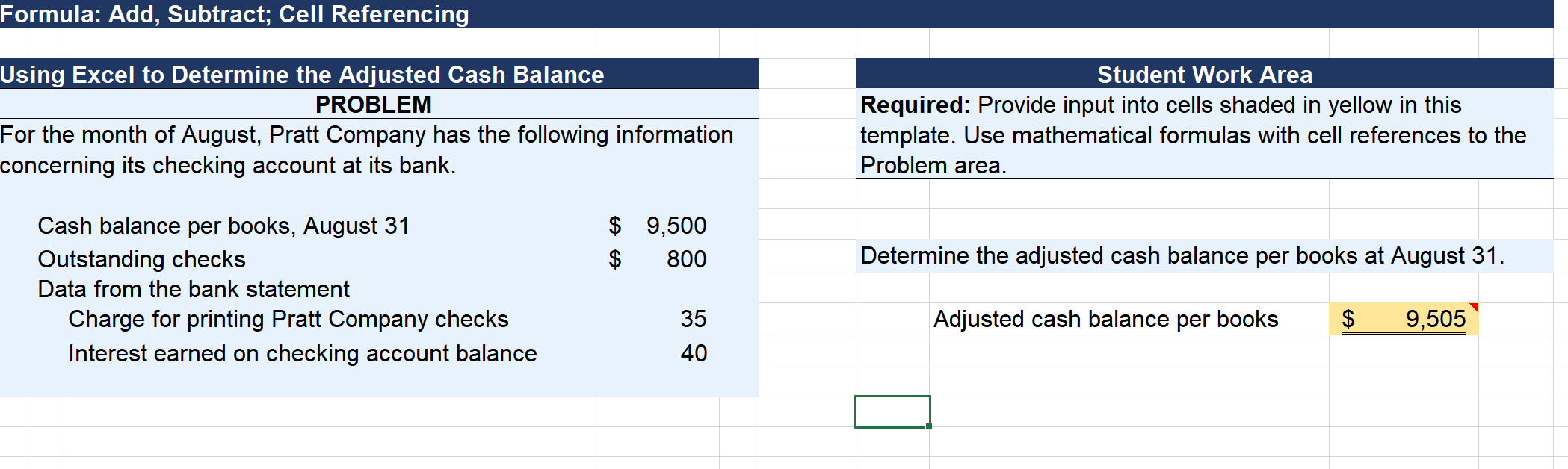 Formula: Add, Subtract; Cell Referencing Using Excel to Determine the Adjusted Cash