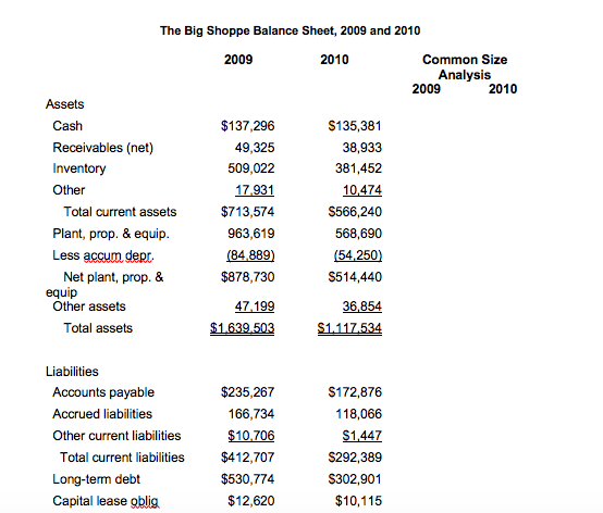 statements and balance sheets for The Big Shoppe. Interpret your results. The