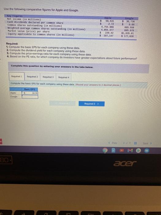 Use the following comparative figures for Apple and Google. Key Figures Net