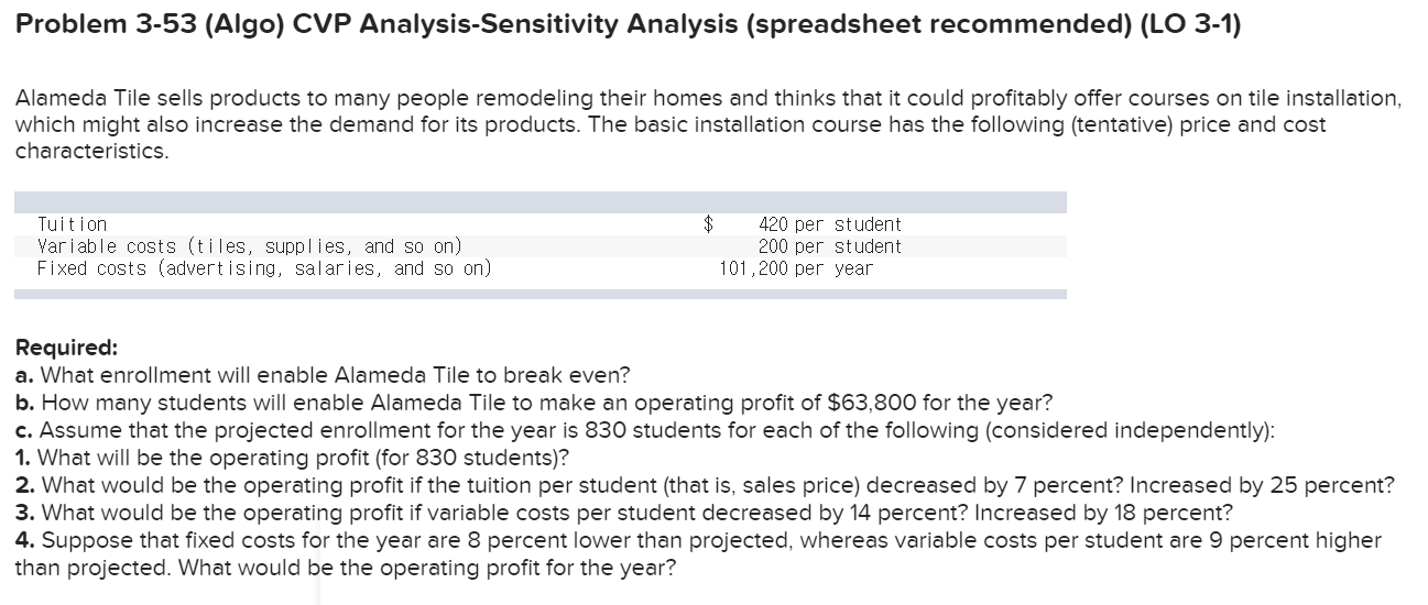 Problem 3-53 (Algo) CVP Analysis-Sensitivity Analysis (spreadsheet recommended) (LO 3-1) Alameda Tile