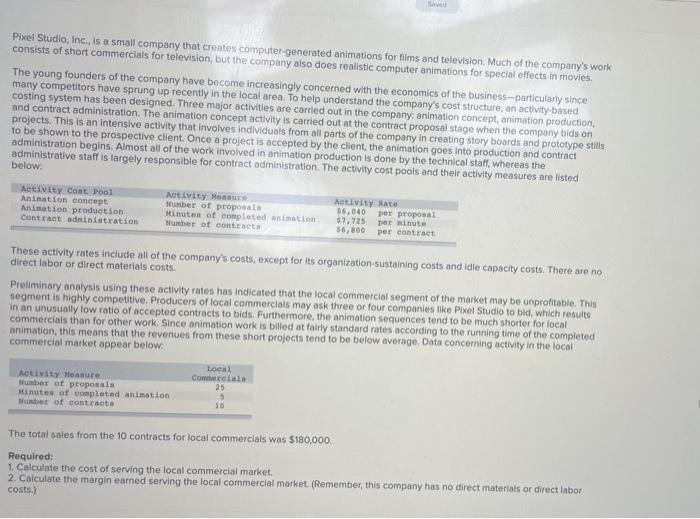 Saved Pixel Studio, Inc., is a small company that creates computer-generated animations