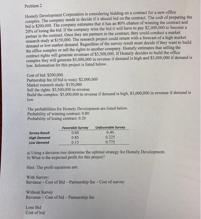 Problem 2 Homely Development Corporation is considering bidding on a contract for