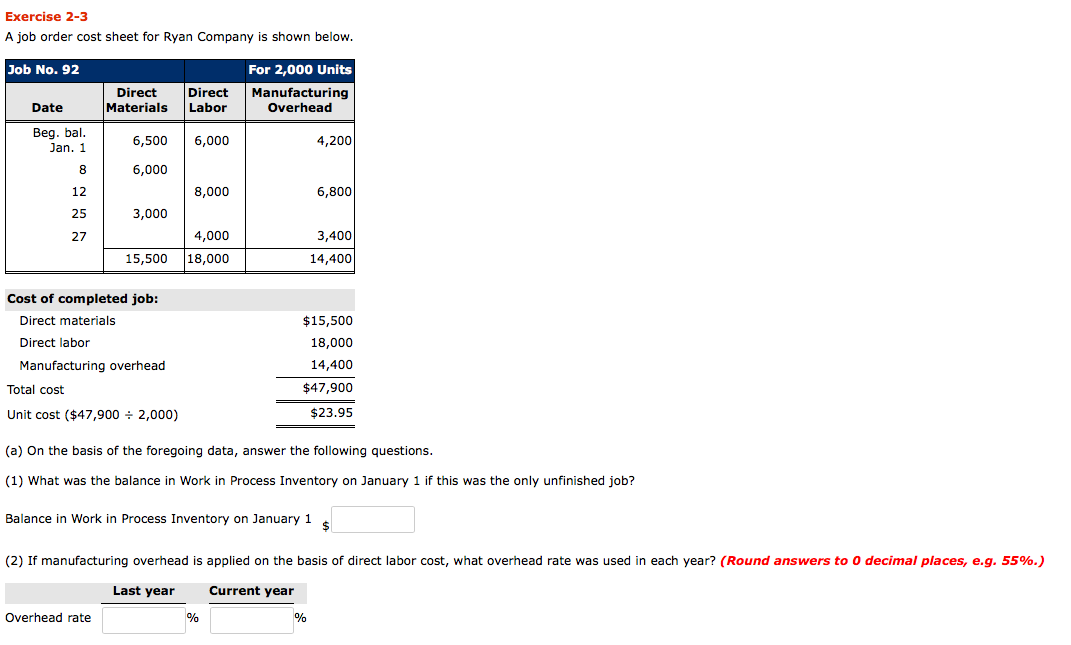 Date Exercise 2-3 A job order cost sheet for Ryan Company is