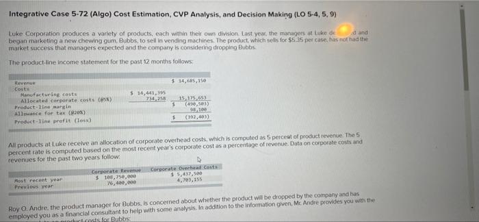 Integrative Case 5-72 (Algo) Cost Estimation, CVP Analysis, and Decision Making (LO