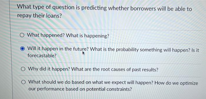 What type of question is predicting whether borrowers will be able to
