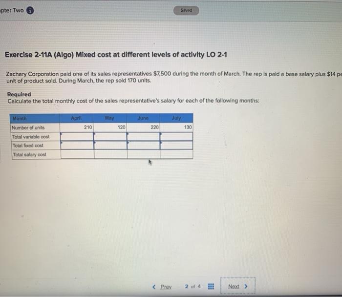 pter Two Saved Exercise 2-11A (Algo) Mixed cost at different levels of