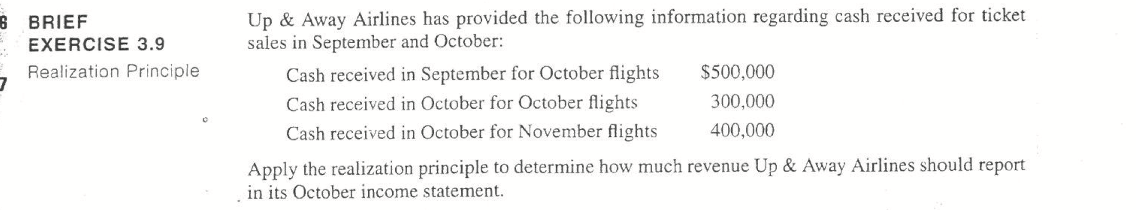 6 BRIEF EXERCISE 3.9 Realization Principle Up & Away Airlines has provided