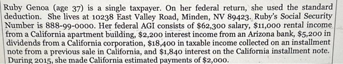 Ruby Genoa (age 37) is a single taxpayer. On her federal return,