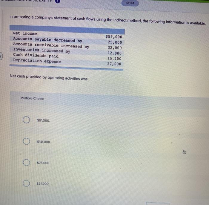 Saved In preparing a company's statement of cash flows using the indirect