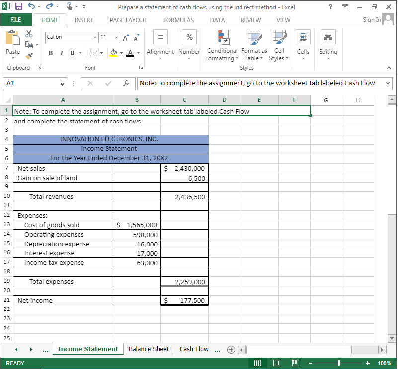 Prepare a statement of cash flows using the indirect method - Excel