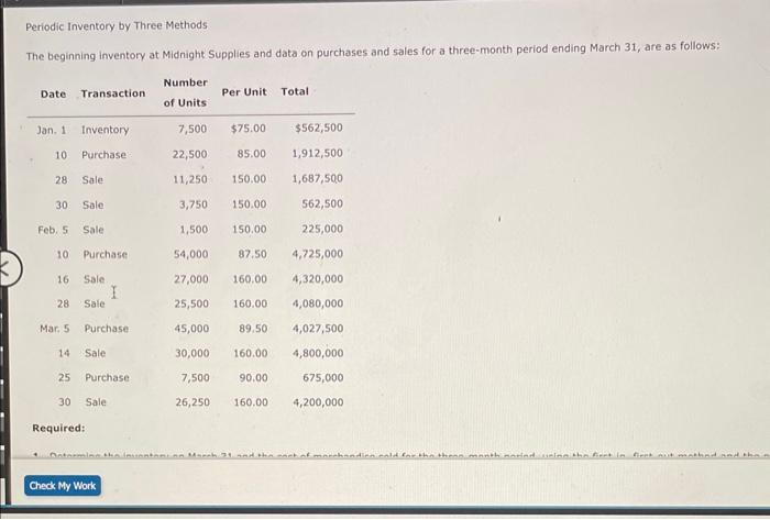 Periodic Inventory by Three Methods The beginning inventory at Midnight Supplies and