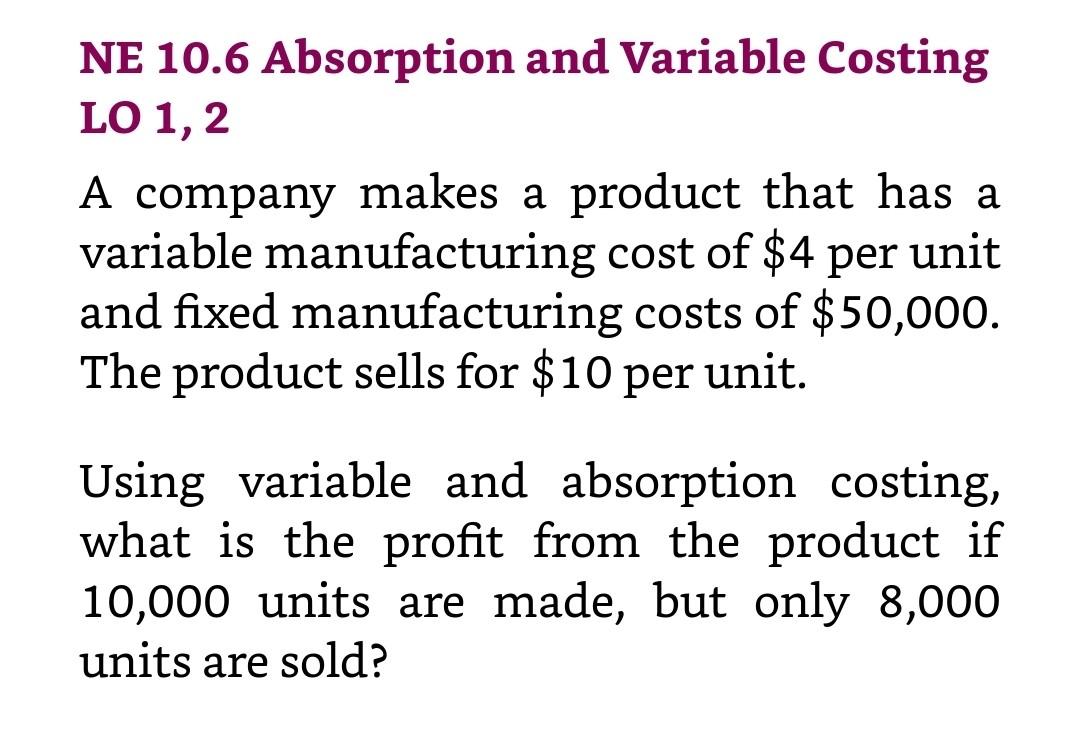 NE 10.6 Absorption and Variable Costing LO 1, 2 A company makes