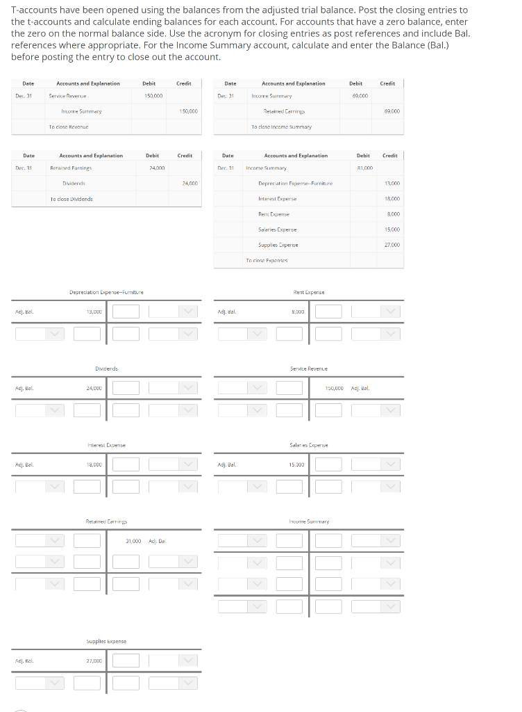 T-accounts have been opened using the balances from the adjusted trial balance.