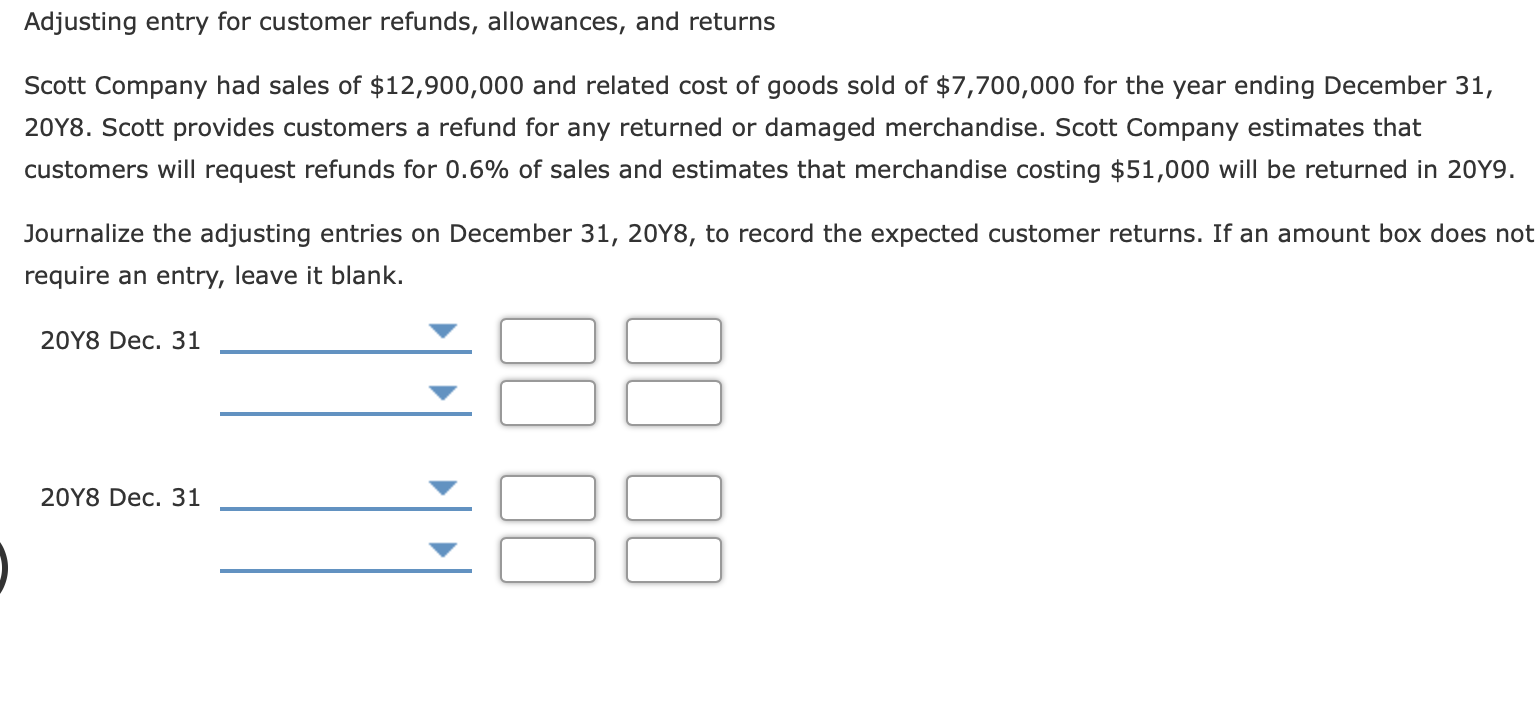 Adjusting entry for customer refunds, allowances, and returns Scott Company had sales