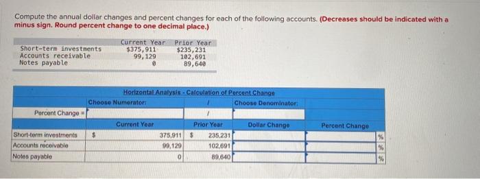 Compute the annual dollar changes and percent changes for each of the