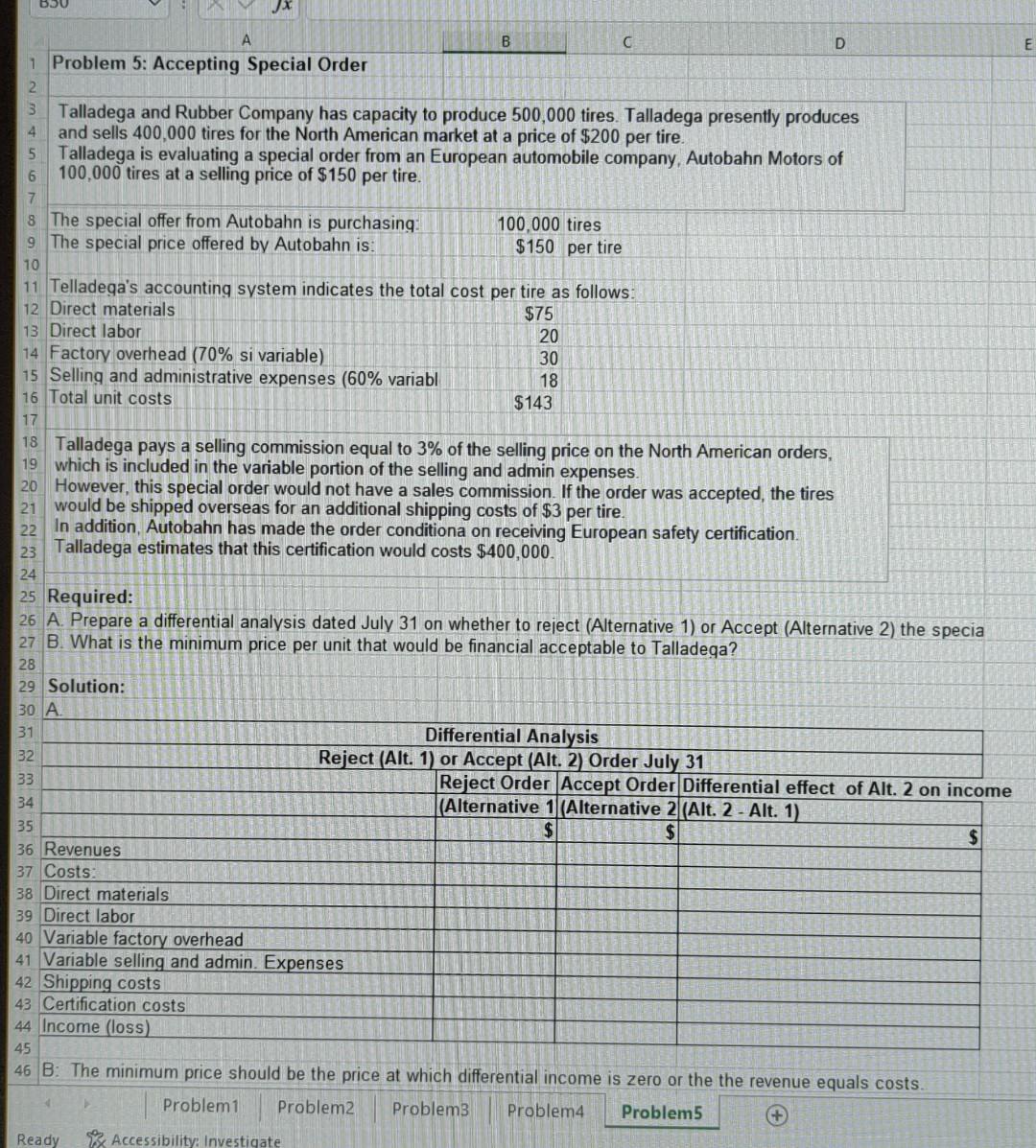 A 1 Problem 5: Accepting Special Order 2 B C D E