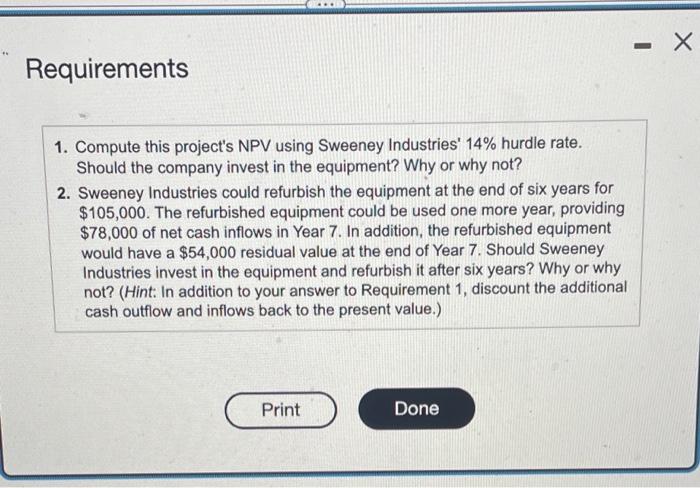 Requirements 1. Compute this project's NPV using Sweeney Industries' 14% hurdle rate.