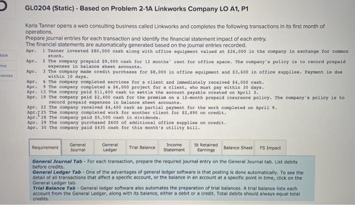 Jook Print wrences GL0204 (Static) - Based on Problem 2-1A Linkworks Company